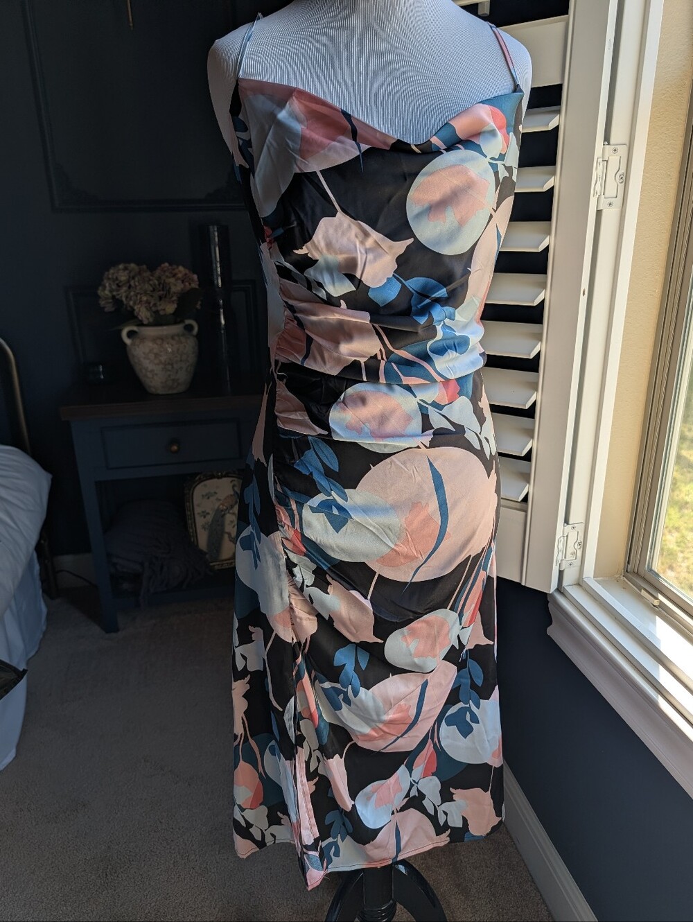 Black Floral Midi Dress with Pink and Blue Print